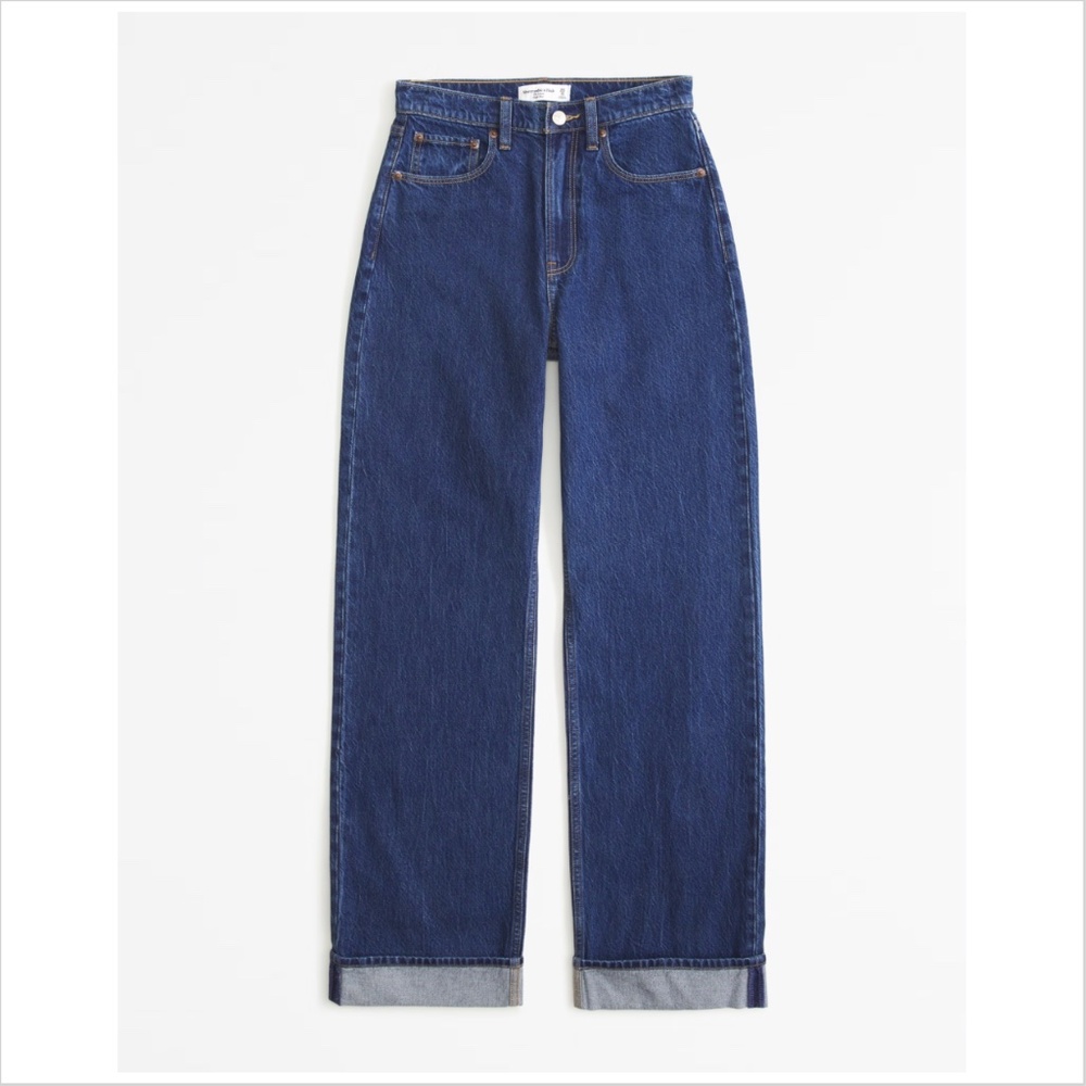 NWT Abercrombie High Rise Loose Jeans in Dark Rinse with Cuff Hem